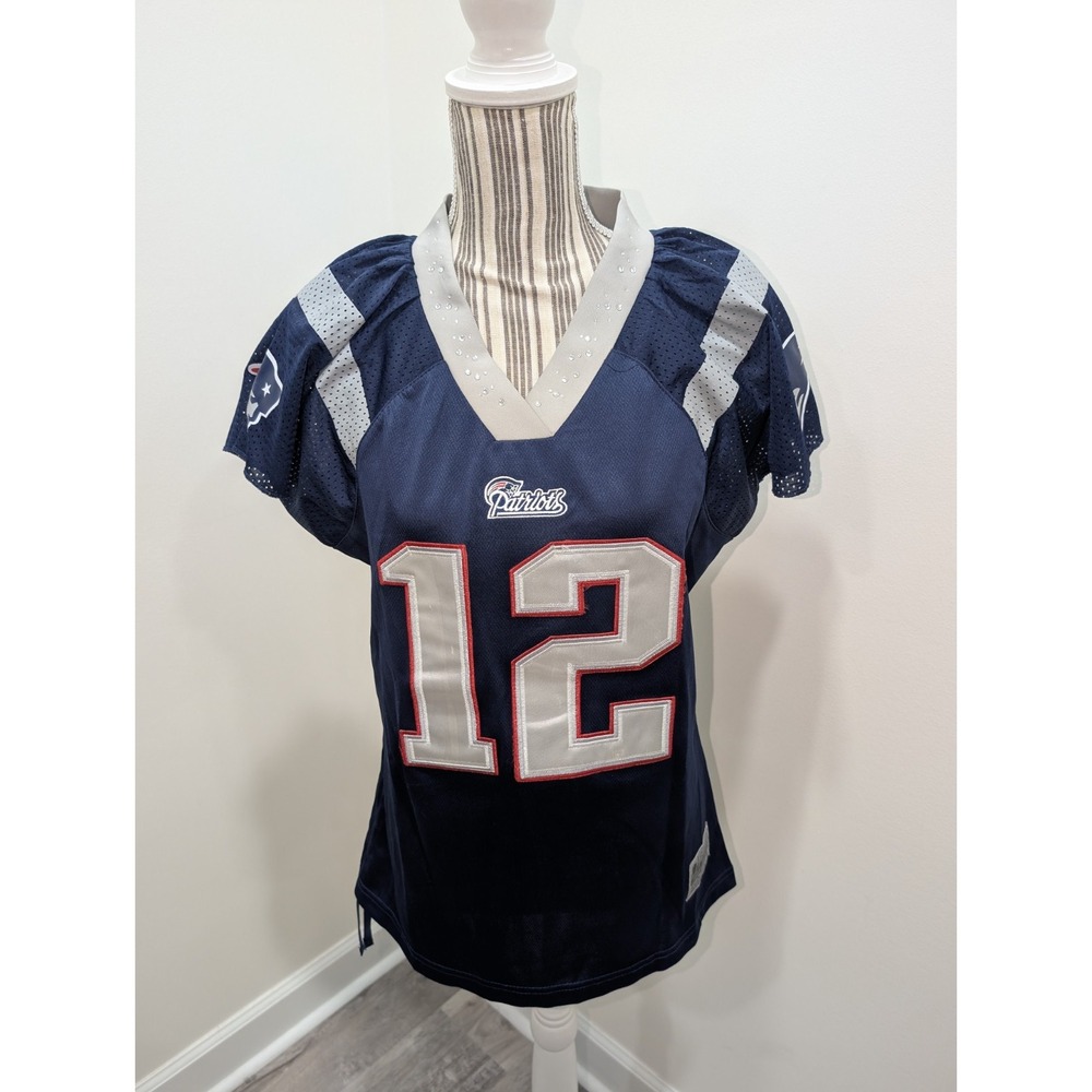 New England Patriots Jersey Womens XL Bedazzled NFL Football Reebok Tom Brady 12